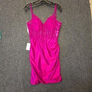 BABARONI Dress Womens S Pink Floral Sequin Corset Satin Bodycon Mini Cocktail